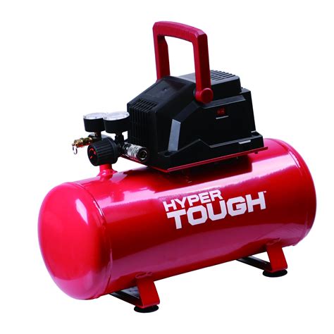 <b>Hyper</b> <b>Tough</b> <b>3</b> <b>Gallon</b> <b>Air</b> <b>Compressor</b>: • Pump up your car's tires or basket ball quickly and easily • Designed for inflation, stapling, fastening, hobby painting and nailing • The <b>Hyper</b> <b>Tough</b> <b>air</b> <b>compressor</b> features two gauges and a large regulator knob for easy operation • Comes with flip-up handle on top of the tool for easy carrying and storage. . Hyper tough 3 gallon air compressor